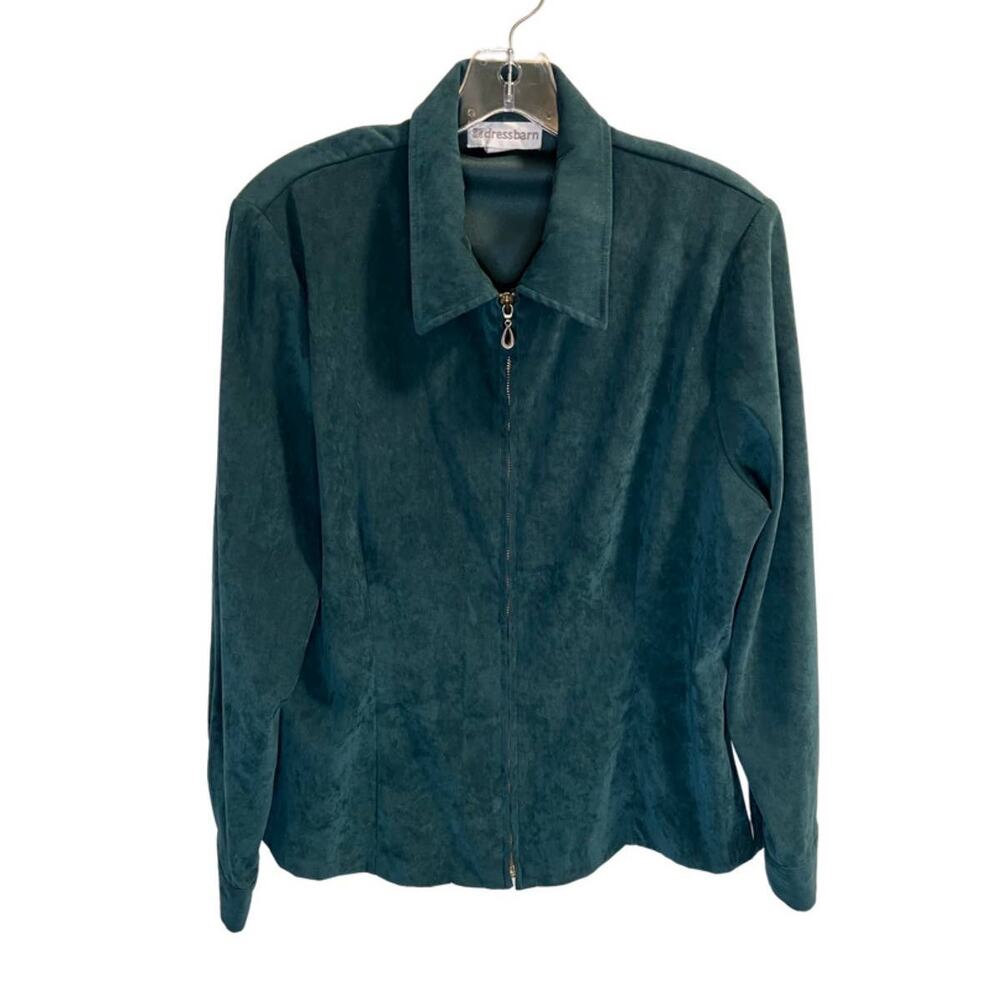Dressbarn Women's Green Vegan Suede Zip Front Jacket Top Size L Collar Classic